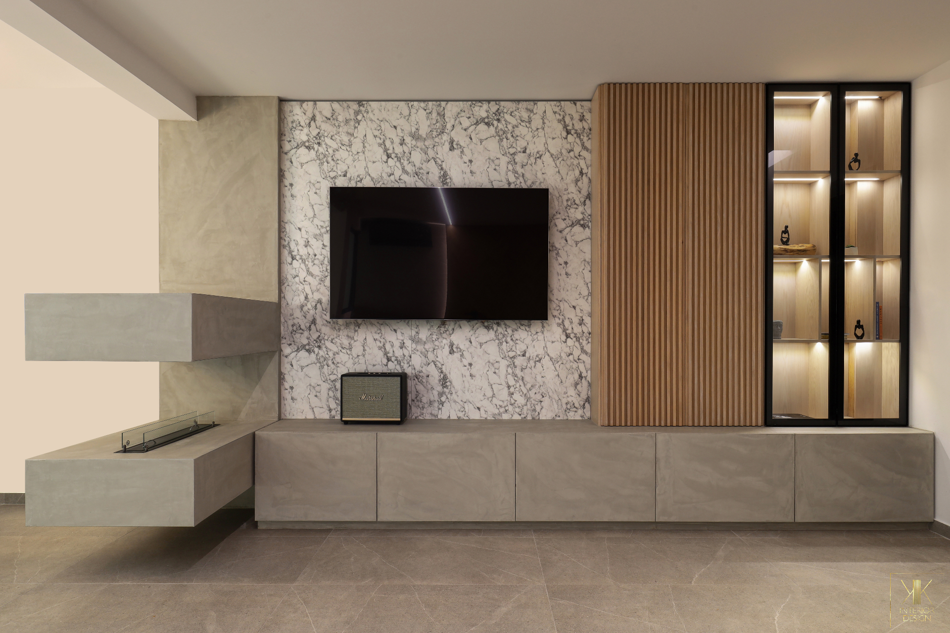 Bespoke media wall with marble panel, fluted oak, and integrated display cabinet