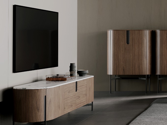 Curved walnut TV console