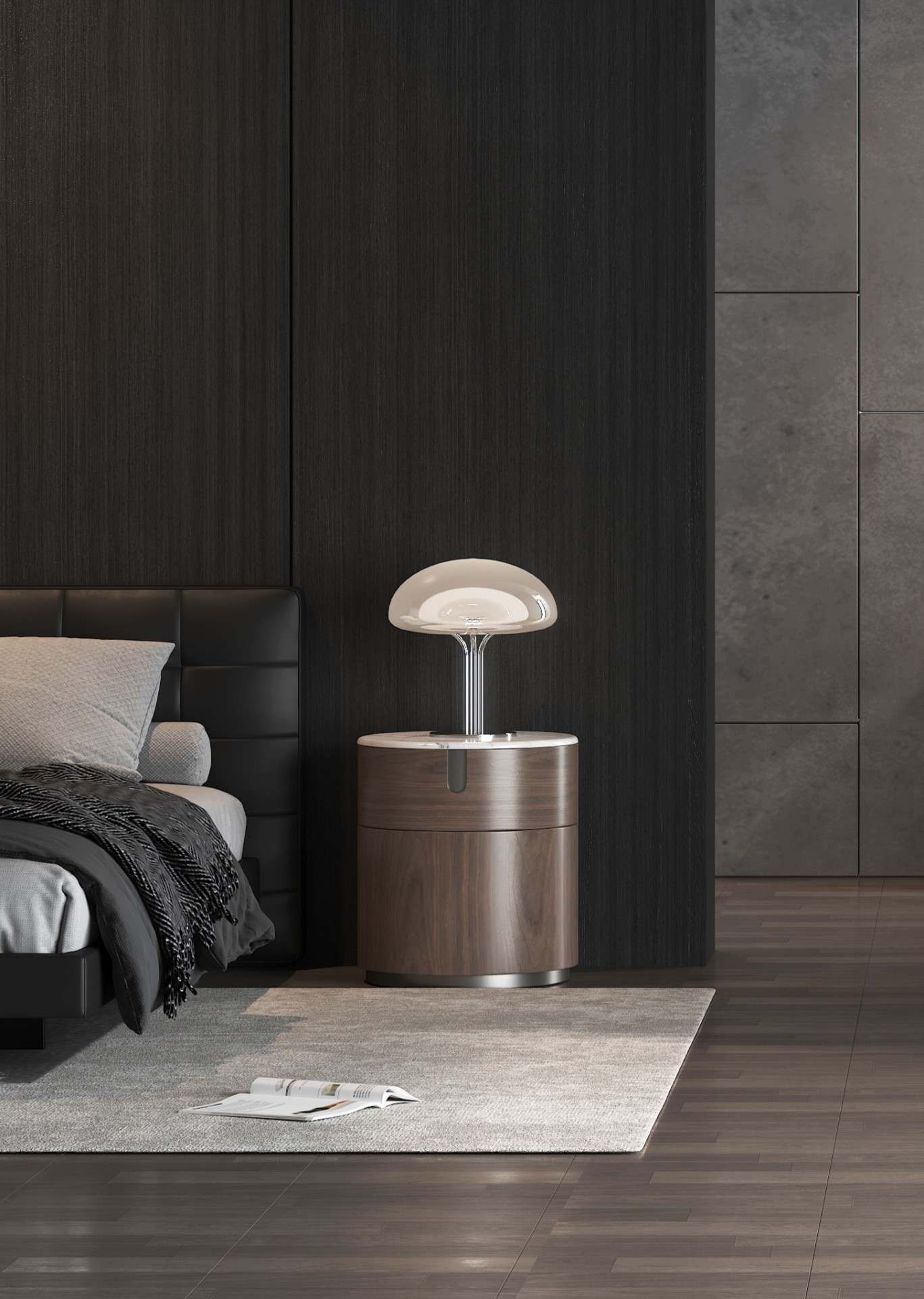 Round walnut bedside table
